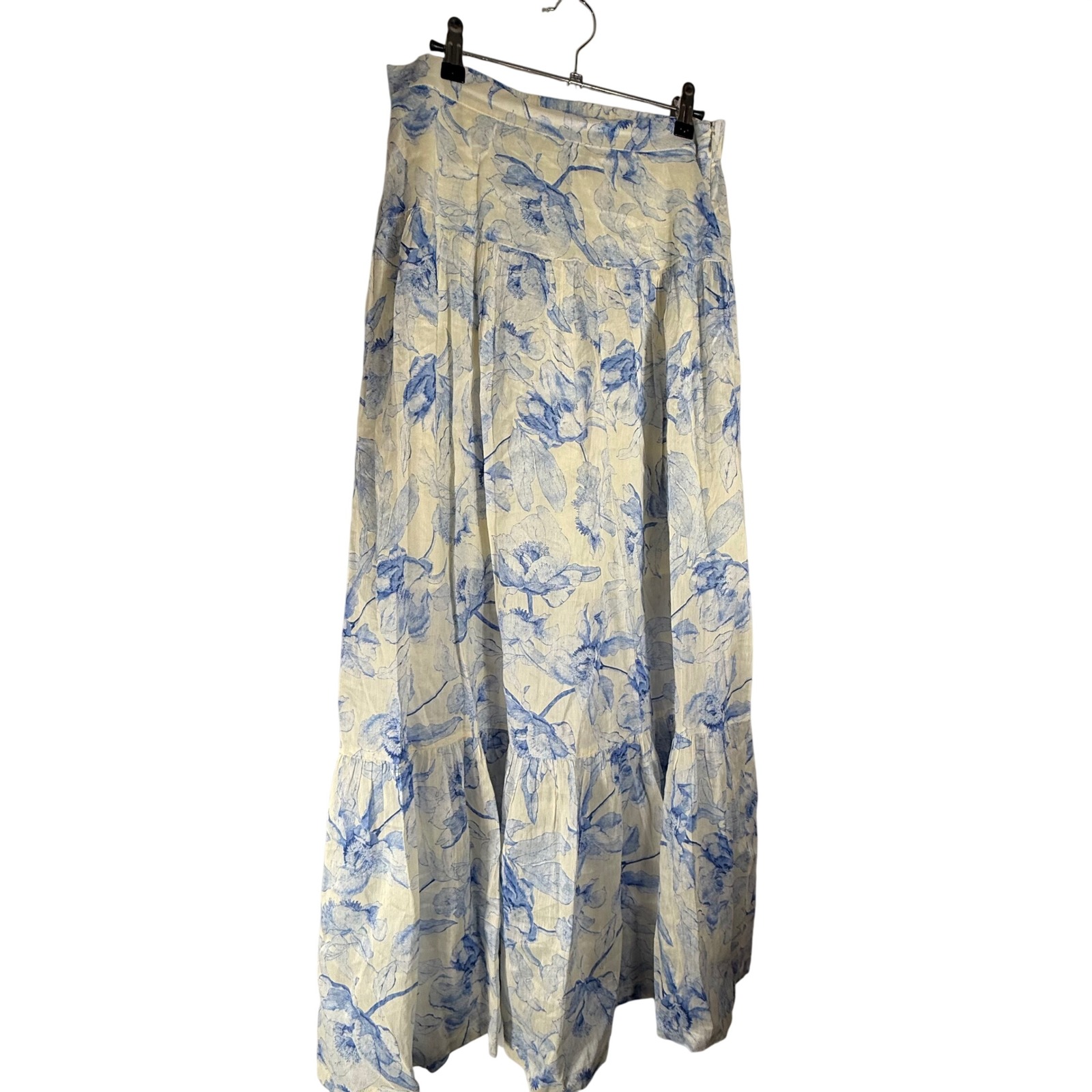Maje Jubarbe Blue Floral Tiered Maxi Skirt Ecru White Mfpju01435 Size 38 Womens